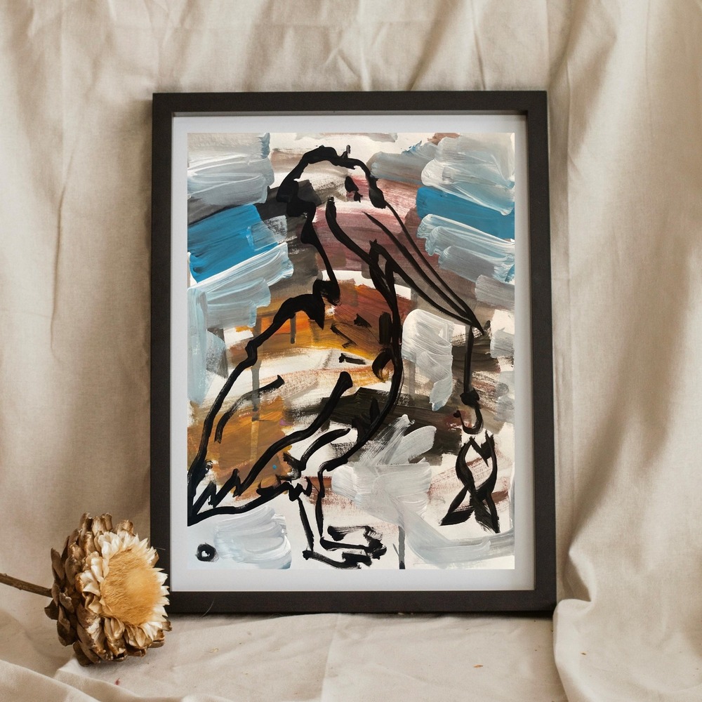 OMAN Original Pelican Painting Abstract Expressionist Art 8.5x11 Coastal Bird